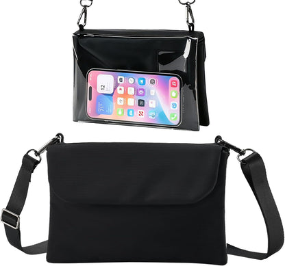 Cell Phone Sleeve Pouch Case Bag with Adjustable Crossbody Strap and Wrist Strap, Touchscreen-Friendly Clear Cell Phone Purse Bag with Carabiner for Men Women (Clear Black- A)