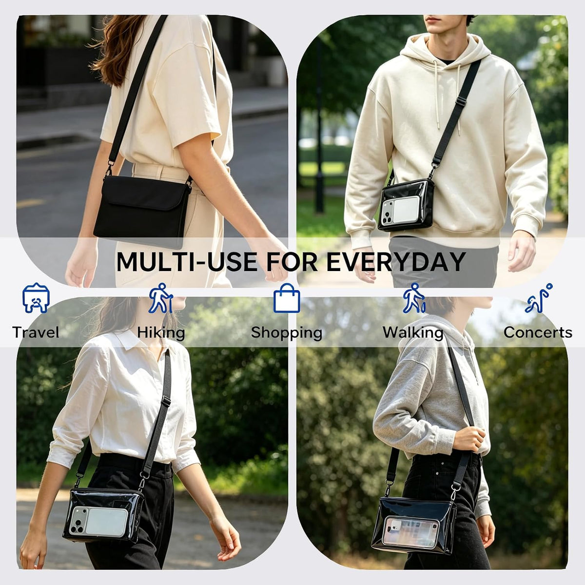 Cell Phone Sleeve Pouch Case Bag with Adjustable Crossbody Strap and Wrist Strap, Touchscreen-Friendly Clear Cell Phone Purse Bag with Carabiner for Men Women (Clear Black- A)