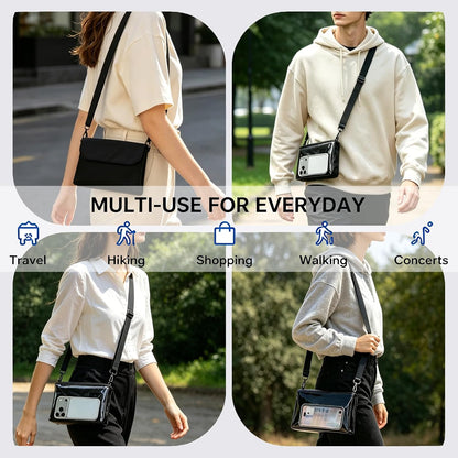 Cell Phone Sleeve Pouch Case Bag with Adjustable Crossbody Strap and Wrist Strap, Touchscreen-Friendly Clear Cell Phone Purse Bag with Carabiner for Men Women (Clear Black- A)