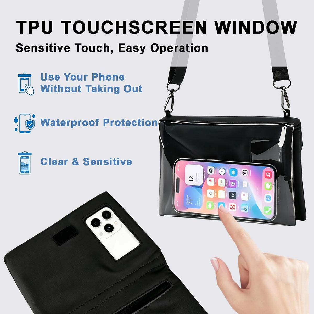 Cell Phone Sleeve Pouch Case Bag with Adjustable Crossbody Strap and Wrist Strap, Touchscreen-Friendly Clear Cell Phone Purse Bag with Carabiner for Men Women (Clear Black- A)