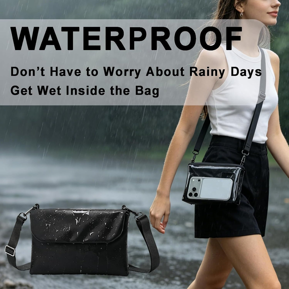 Cell Phone Sleeve Pouch Case Bag with Adjustable Crossbody Strap and Wrist Strap, Touchscreen-Friendly Clear Cell Phone Purse Bag with Carabiner for Men Women (Clear Black- A)