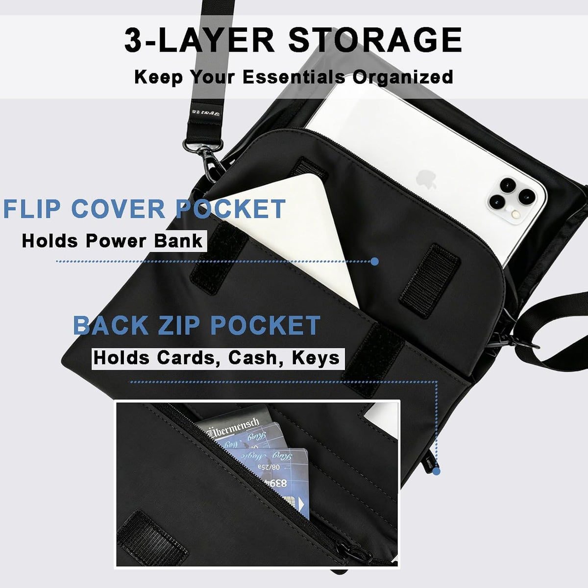 Cell Phone Sleeve Pouch Case Bag with Adjustable Crossbody Strap and Wrist Strap, Touchscreen-Friendly Clear Cell Phone Purse Bag with Carabiner for Men Women (Clear Black- A)