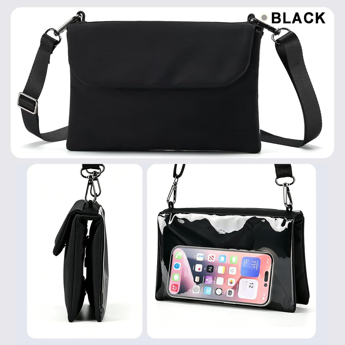 Cell Phone Sleeve Pouch Case Bag with Adjustable Crossbody Strap and Wrist Strap, Touchscreen-Friendly Clear Cell Phone Purse Bag with Carabiner for Men Women (Clear Black- A)