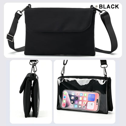 Cell Phone Sleeve Pouch Case Bag with Adjustable Crossbody Strap and Wrist Strap, Touchscreen-Friendly Clear Cell Phone Purse Bag with Carabiner for Men Women (Clear Black- A)