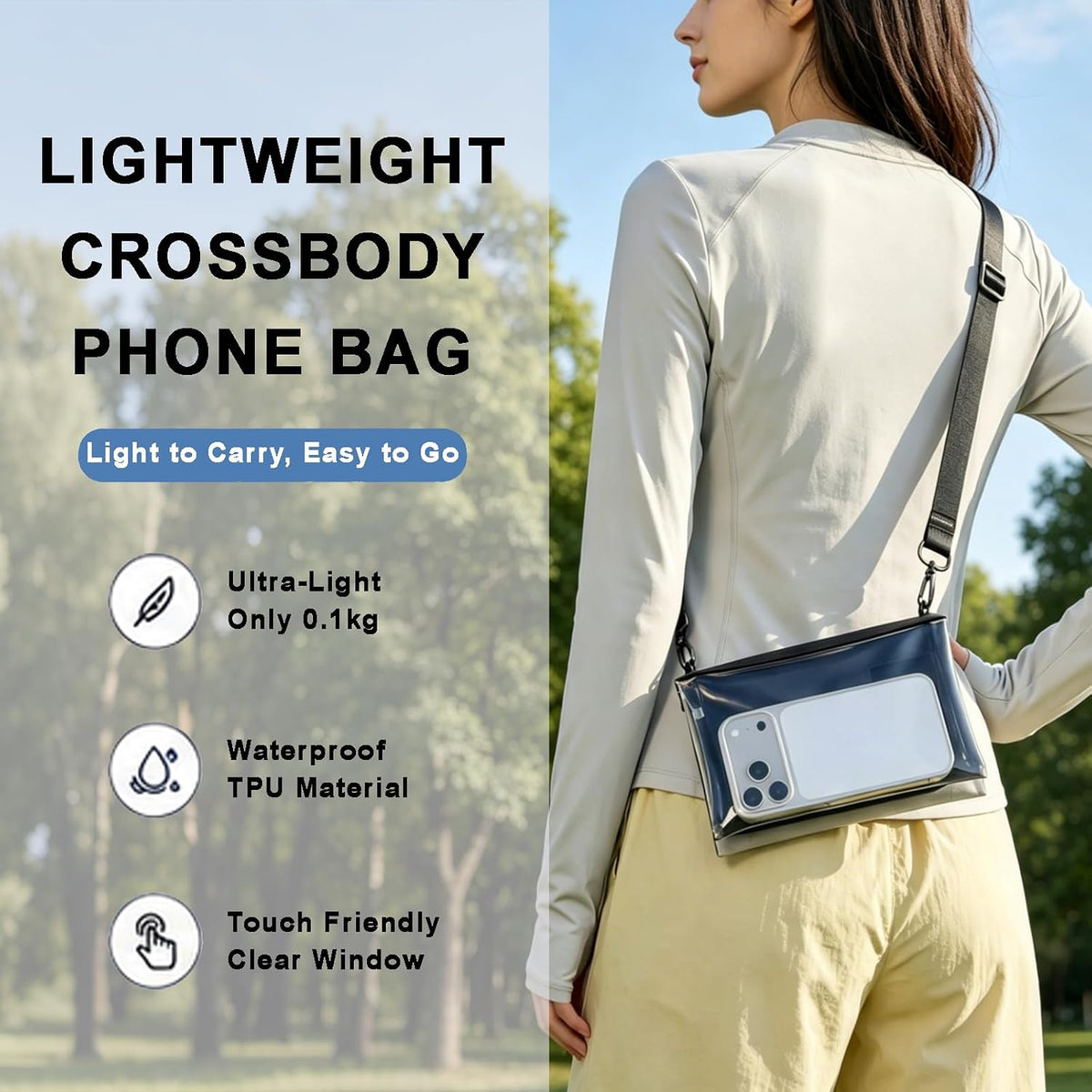 Cell Phone Sleeve Pouch Case Bag with Adjustable Crossbody Strap and Wrist Strap, Touchscreen-Friendly Clear Cell Phone Purse Bag with Carabiner for Men Women (Clear Black- A)