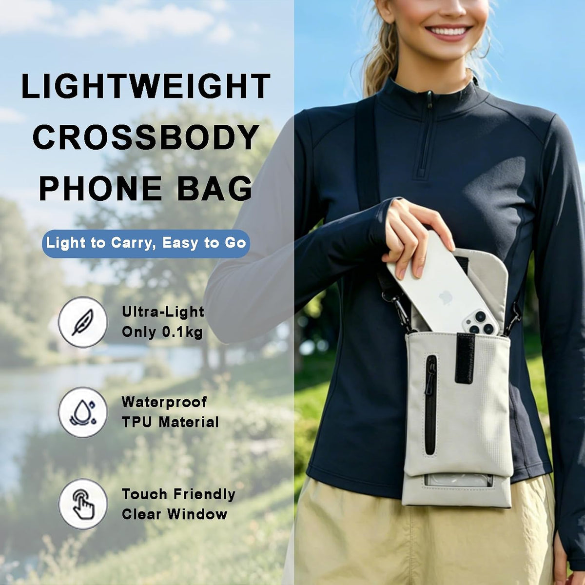 Cell Phone Sleeve Pouch Case Bag with Adjustable Crossbody Strap and Wrist Strap, Touchscreen-Friendly Clear Cell Phone Purse Bag with Carabiner for Men Women (Clear Black- A)