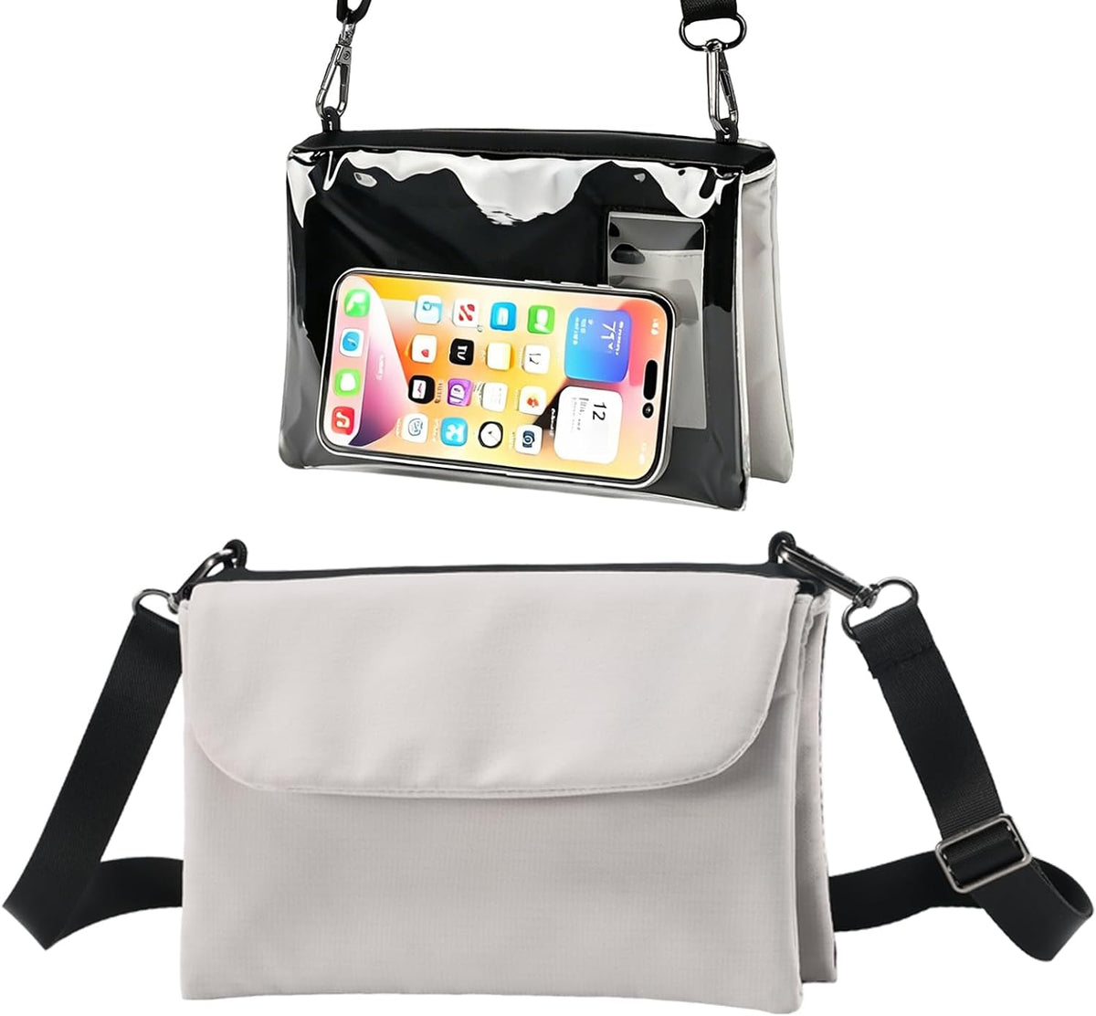 Cell Phone Sleeve Pouch Case Bag with Adjustable Crossbody Strap and Wrist Strap, Touchscreen-Friendly Clear Cell Phone Purse Bag with Carabiner for Men Women (Clear Black- A)