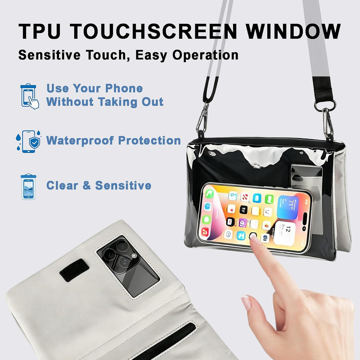 Cell Phone Sleeve Pouch Case Bag with Adjustable Crossbody Strap and Wrist Strap, Touchscreen-Friendly Clear Cell Phone Purse Bag with Carabiner for Men Women (Clear Black- A)