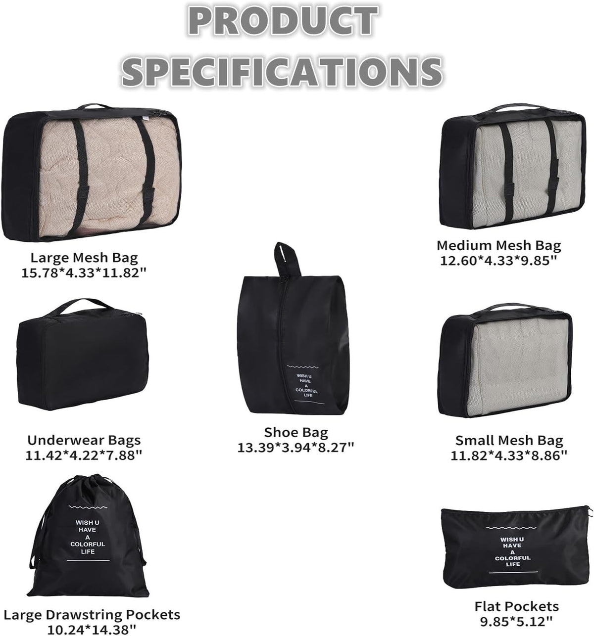 Packing Cubes for Travel Essentials, Suitcase Organizer Bags for Airplane Road Trip Camp - Black