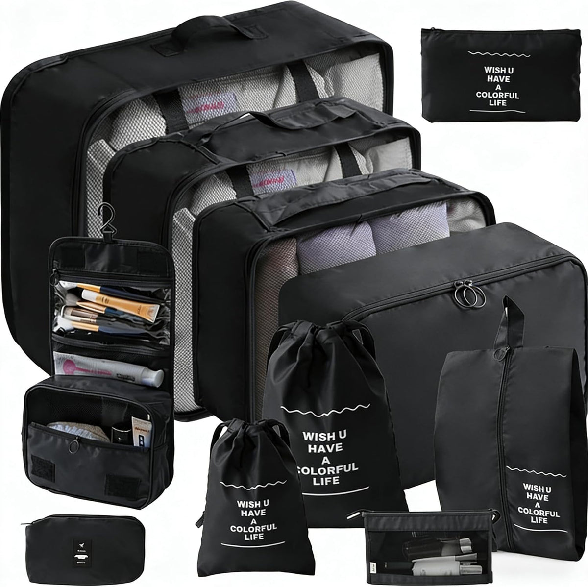 Packing Cubes for Travel Essentials, Suitcase Organizer Bags for Airplane Road Trip Camp - Black