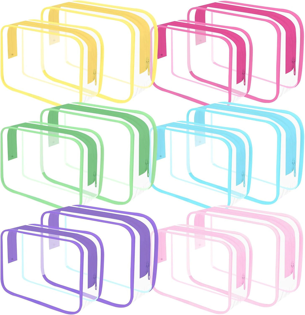 Clear Toiletry Bag, 12 Pack TSA Approved Toiletry Bag Carry on Travel Accessories Bag, Quart Size Bag for 3-1-1 Liquids Airport Airline Compliant Clear Makeup Bag with Metal Zipper (Bright Bags)