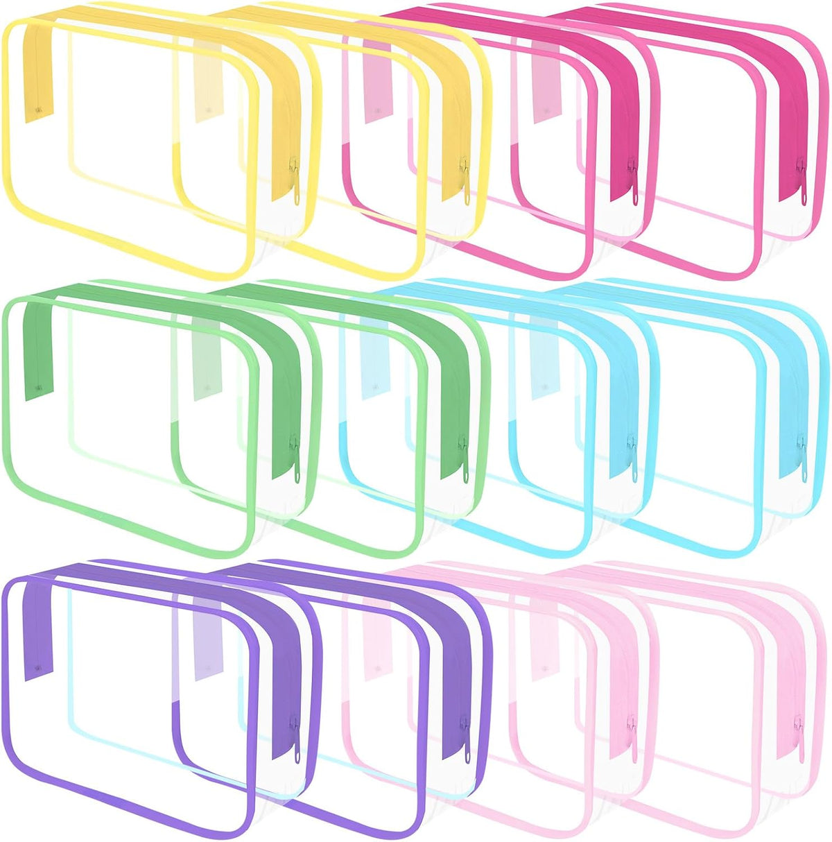 Clear Toiletry Bag, 12 Pack TSA Approved Toiletry Bag Carry on Travel Accessories Bag, Quart Size Bag for 3-1-1 Liquids Airport Airline Compliant Clear Makeup Bag with Metal Zipper (Bright Bags)