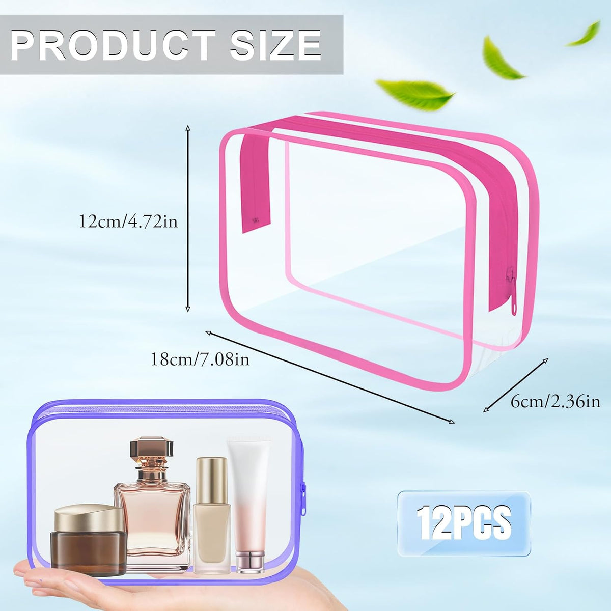 Clear Toiletry Bag, 12 Pack TSA Approved Toiletry Bag Carry on Travel Accessories Bag, Quart Size Bag for 3-1-1 Liquids Airport Airline Compliant Clear Makeup Bag with Metal Zipper (Bright Bags)