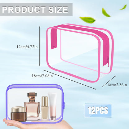Clear Toiletry Bag, 12 Pack TSA Approved Toiletry Bag Carry on Travel Accessories Bag, Quart Size Bag for 3-1-1 Liquids Airport Airline Compliant Clear Makeup Bag with Metal Zipper (Bright Bags)