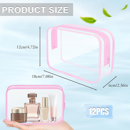 Clear Toiletry Bag, 12 Pack TSA Approved Toiletry Bag Carry on Travel Accessories Bag, Quart Size Bag for 3-1-1 Liquids Airport Airline Compliant Clear Makeup Bag with Metal Zipper (Bright Bags)