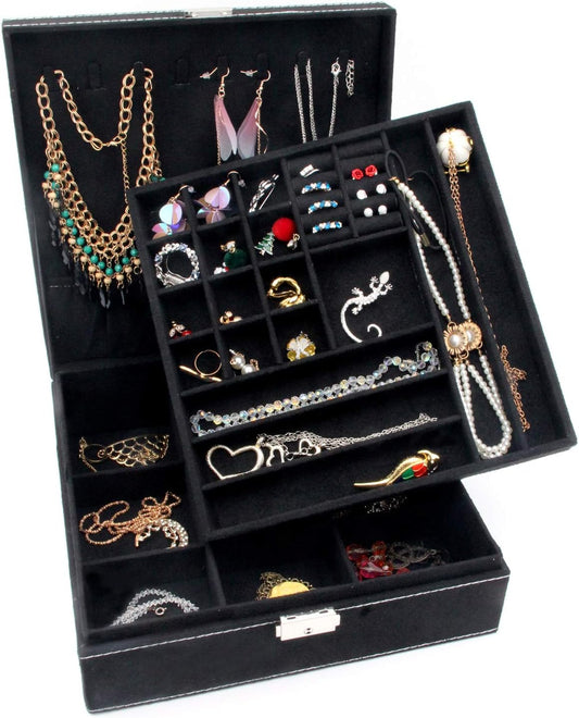 Two-Layer Jewelry Box Organizer Display Storage case with Lock (Purple)