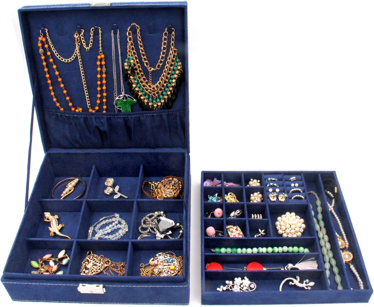 Two-Layer Jewelry Box Organizer Display Storage case with Lock (Purple)