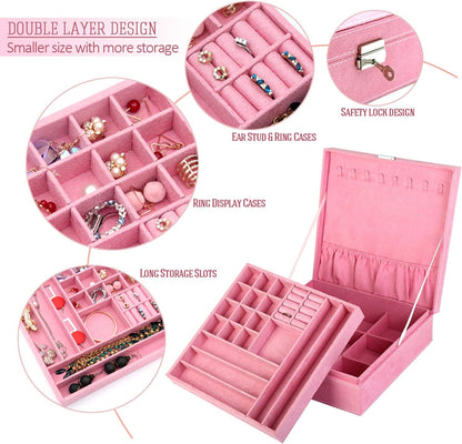 Two-Layer Jewelry Box Organizer Display Storage case with Lock (Purple)