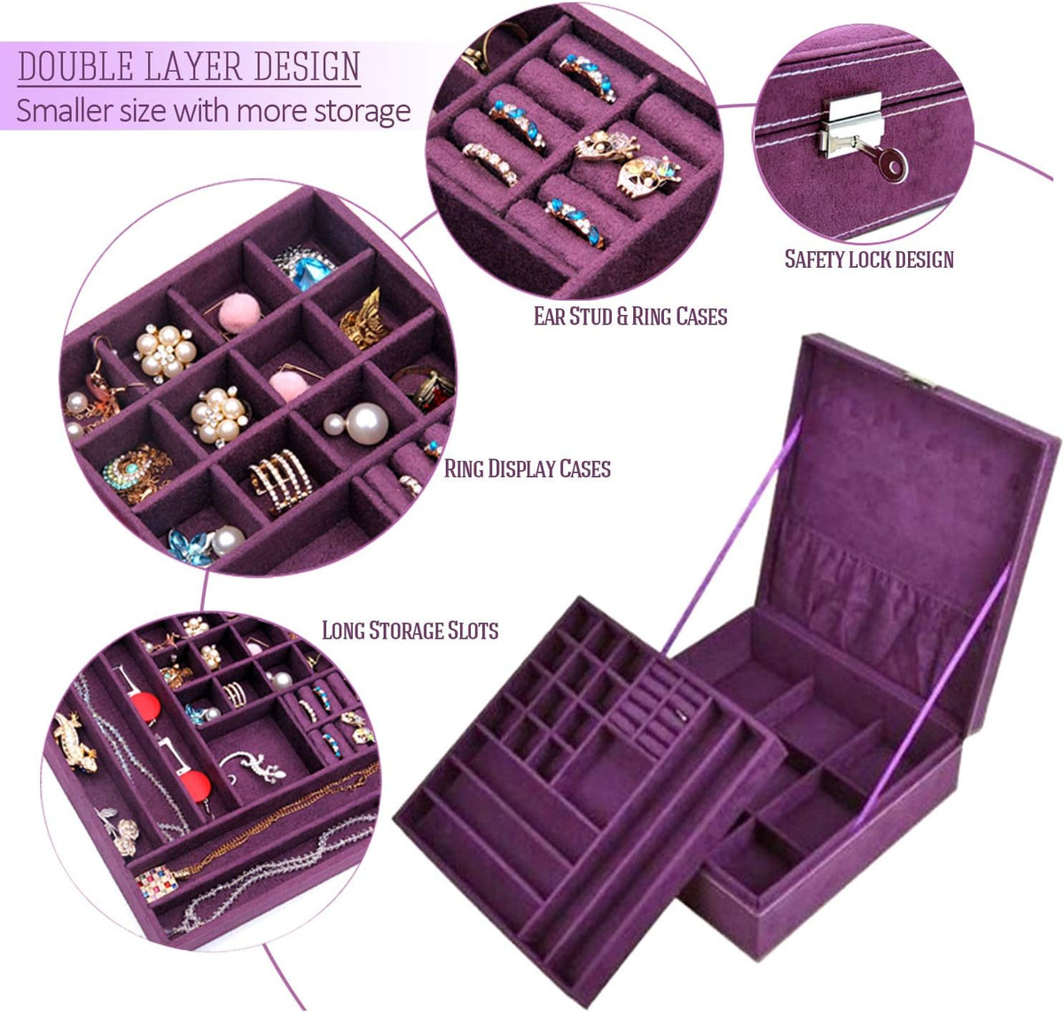 Two-Layer Jewelry Box Organizer Display Storage case with Lock (Purple)