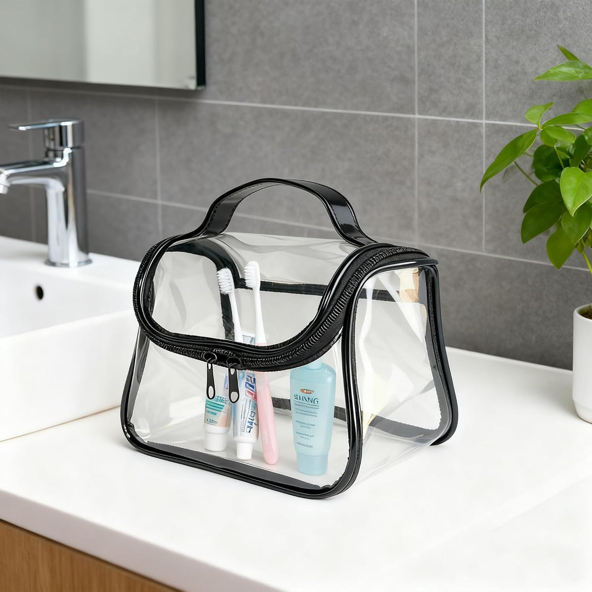 Heavy Duty Clear Travel Makeup Bag, 9.05 x 5.9 x 5.51 inches, Transparent Waterproof Toiletry Organizer with Handle PVC Cosmetic Wash Bath Storage Bag (Clear)