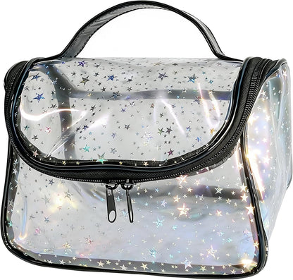 Heavy Duty Clear Travel Makeup Bag, 9.05 x 5.9 x 5.51 inches, Transparent Waterproof Toiletry Organizer with Handle PVC Cosmetic Wash Bath Storage Bag (Clear)
