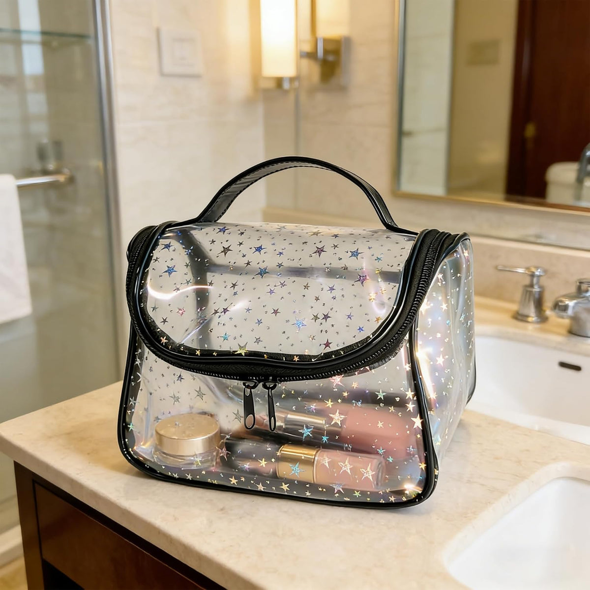 Heavy Duty Clear Travel Makeup Bag, 9.05 x 5.9 x 5.51 inches, Transparent Waterproof Toiletry Organizer with Handle PVC Cosmetic Wash Bath Storage Bag (Clear)