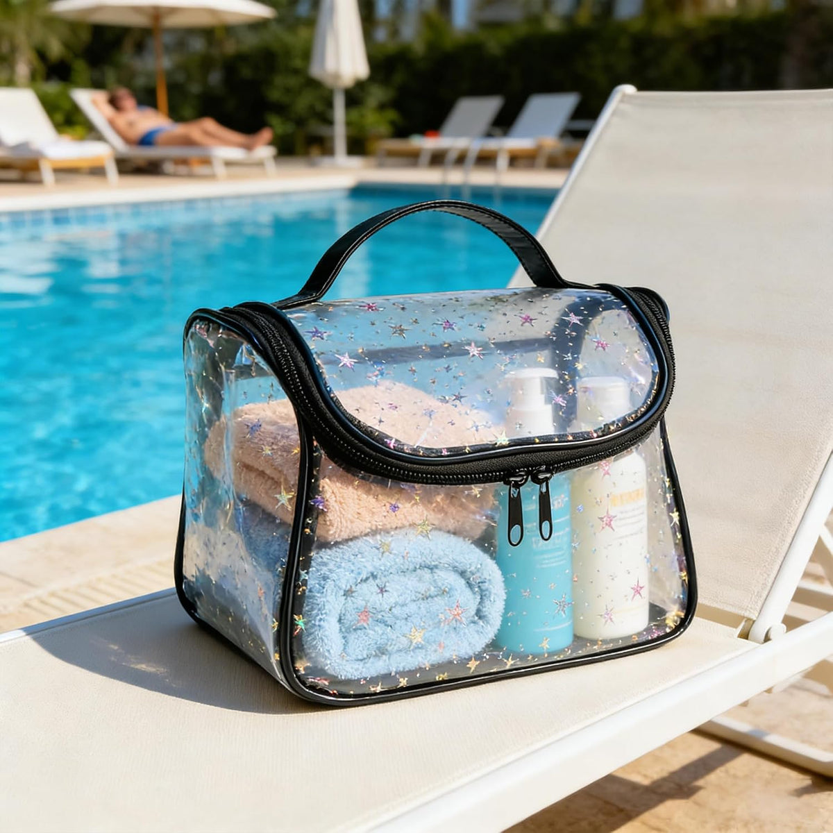 Heavy Duty Clear Travel Makeup Bag, 9.05 x 5.9 x 5.51 inches, Transparent Waterproof Toiletry Organizer with Handle PVC Cosmetic Wash Bath Storage Bag (Clear)