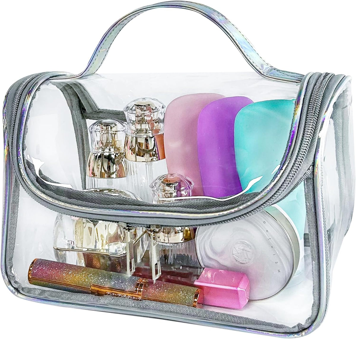 Heavy Duty Clear Travel Makeup Bag, 9.05 x 5.9 x 5.51 inches, Transparent Waterproof Toiletry Organizer with Handle PVC Cosmetic Wash Bath Storage Bag (Clear)