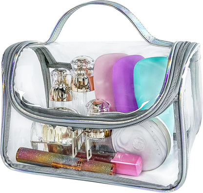 Heavy Duty Clear Travel Makeup Bag, 9.05 x 5.9 x 5.51 inches, Transparent Waterproof Toiletry Organizer with Handle PVC Cosmetic Wash Bath Storage Bag (Clear)