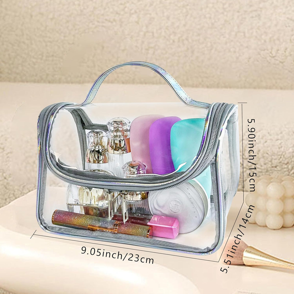Heavy Duty Clear Travel Makeup Bag, 9.05 x 5.9 x 5.51 inches, Transparent Waterproof Toiletry Organizer with Handle PVC Cosmetic Wash Bath Storage Bag (Clear)