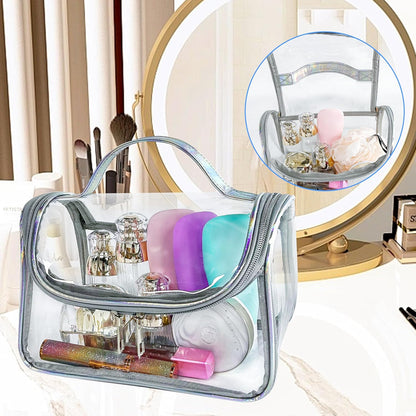 Heavy Duty Clear Travel Makeup Bag, 9.05 x 5.9 x 5.51 inches, Transparent Waterproof Toiletry Organizer with Handle PVC Cosmetic Wash Bath Storage Bag (Clear)