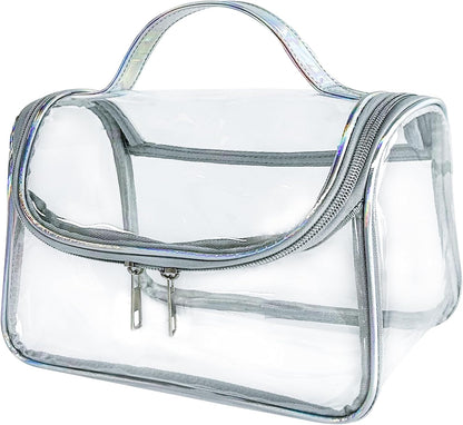 Heavy Duty Clear Travel Makeup Bag, 9.05 x 5.9 x 5.51 inches, Transparent Waterproof Toiletry Organizer with Handle PVC Cosmetic Wash Bath Storage Bag (Clear)