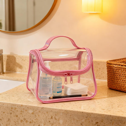 Heavy Duty Clear Travel Makeup Bag, 9.05 x 5.9 x 5.51 inches, Transparent Waterproof Toiletry Organizer with Handle PVC Cosmetic Wash Bath Storage Bag (Clear)