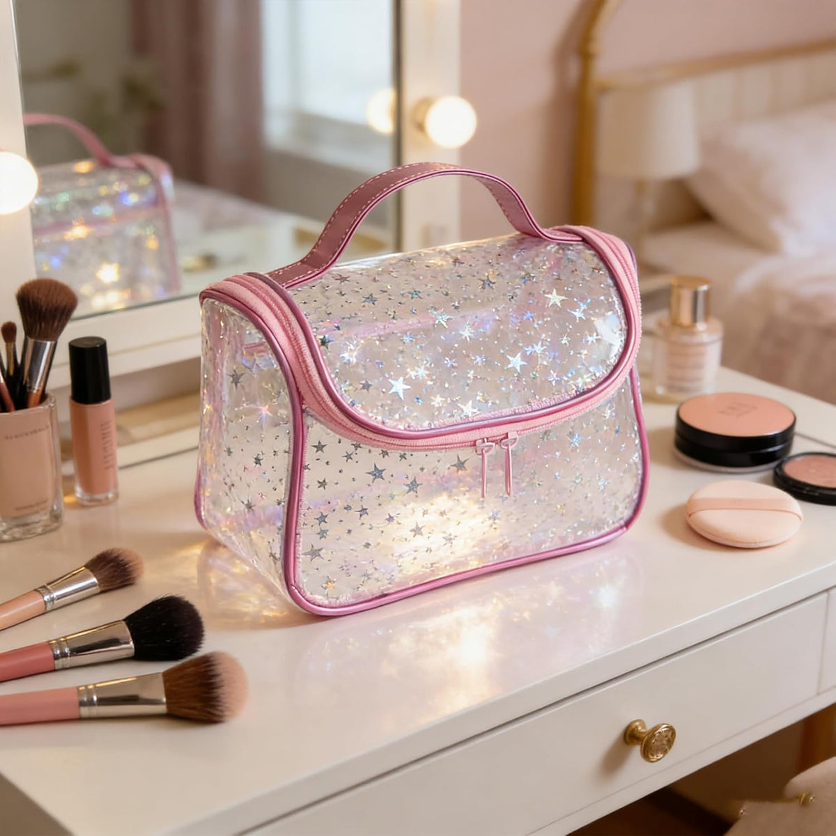 Heavy Duty Clear Travel Makeup Bag, 9.05 x 5.9 x 5.51 inches, Transparent Waterproof Toiletry Organizer with Handle PVC Cosmetic Wash Bath Storage Bag (Clear)