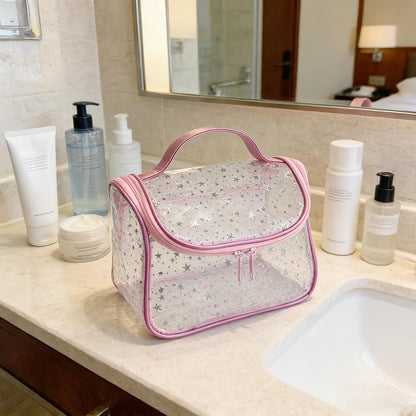 Heavy Duty Clear Travel Makeup Bag, 9.05 x 5.9 x 5.51 inches, Transparent Waterproof Toiletry Organizer with Handle PVC Cosmetic Wash Bath Storage Bag (Clear)