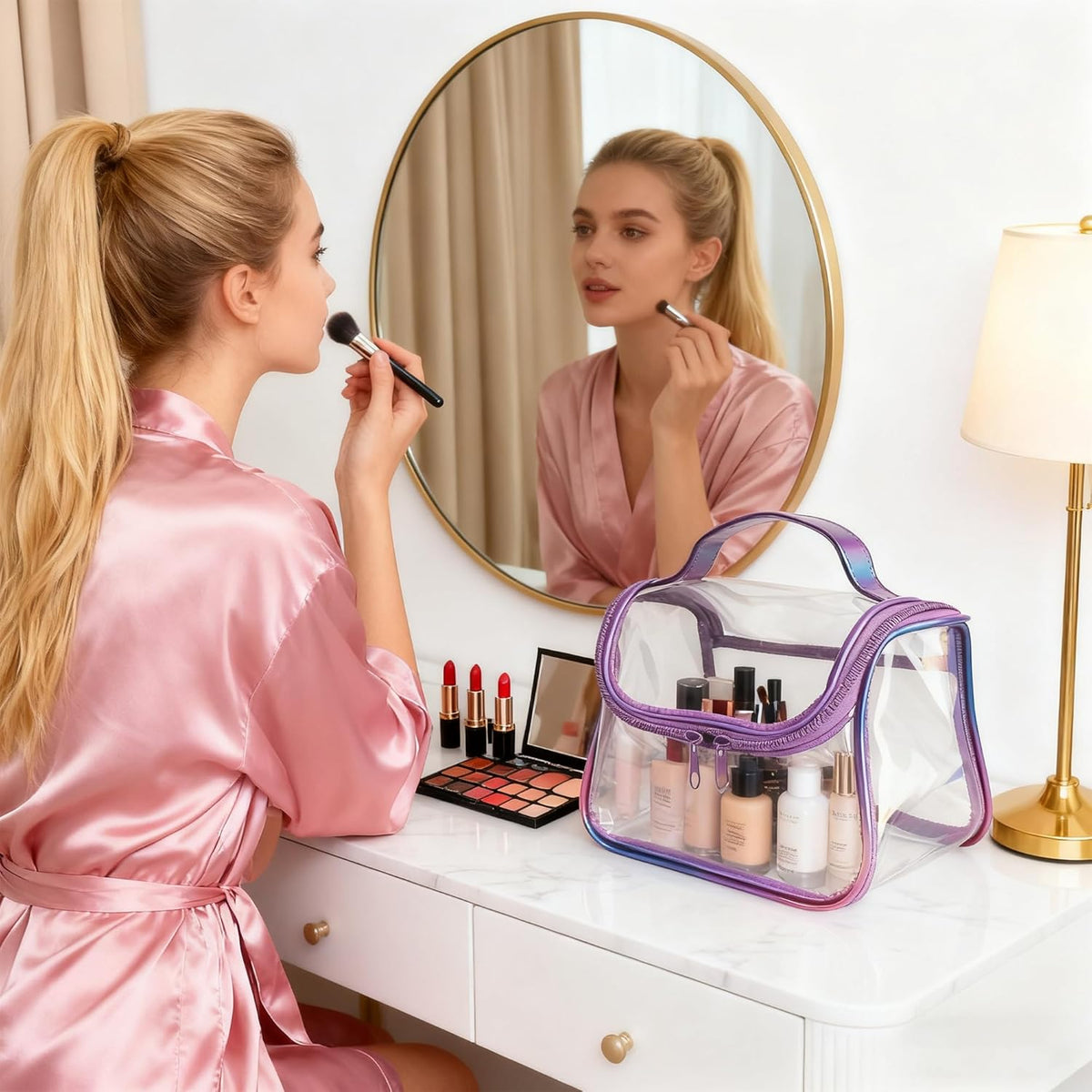 Heavy Duty Clear Travel Makeup Bag, 9.05 x 5.9 x 5.51 inches, Transparent Waterproof Toiletry Organizer with Handle PVC Cosmetic Wash Bath Storage Bag (Clear)