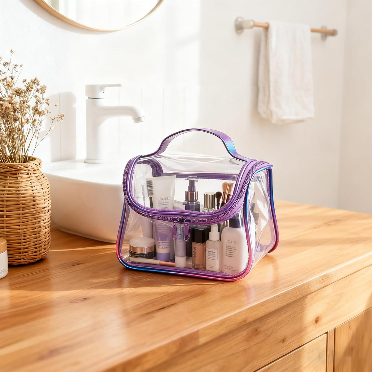 Heavy Duty Clear Travel Makeup Bag, 9.05 x 5.9 x 5.51 inches, Transparent Waterproof Toiletry Organizer with Handle PVC Cosmetic Wash Bath Storage Bag (Clear)