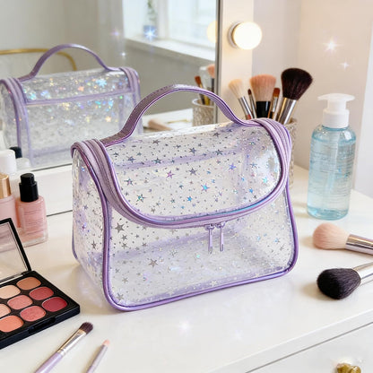 Heavy Duty Clear Travel Makeup Bag, 9.05 x 5.9 x 5.51 inches, Transparent Waterproof Toiletry Organizer with Handle PVC Cosmetic Wash Bath Storage Bag (Clear)