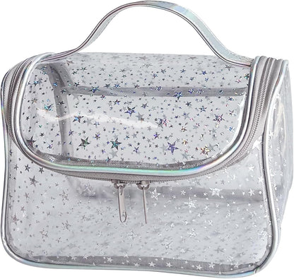 Heavy Duty Clear Travel Makeup Bag, 9.05 x 5.9 x 5.51 inches, Transparent Waterproof Toiletry Organizer with Handle PVC Cosmetic Wash Bath Storage Bag (Clear)