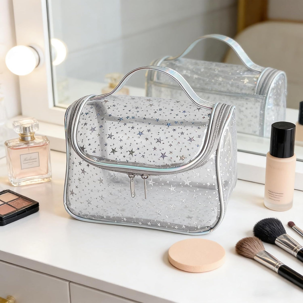 Heavy Duty Clear Travel Makeup Bag, 9.05 x 5.9 x 5.51 inches, Transparent Waterproof Toiletry Organizer with Handle PVC Cosmetic Wash Bath Storage Bag (Clear)