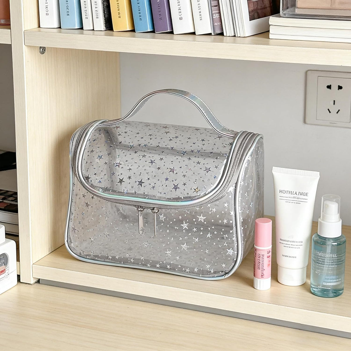 Heavy Duty Clear Travel Makeup Bag, 9.05 x 5.9 x 5.51 inches, Transparent Waterproof Toiletry Organizer with Handle PVC Cosmetic Wash Bath Storage Bag (Clear)