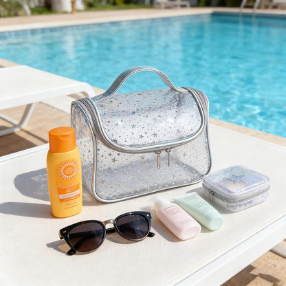 Heavy Duty Clear Travel Makeup Bag, 9.05 x 5.9 x 5.51 inches, Transparent Waterproof Toiletry Organizer with Handle PVC Cosmetic Wash Bath Storage Bag (Clear)