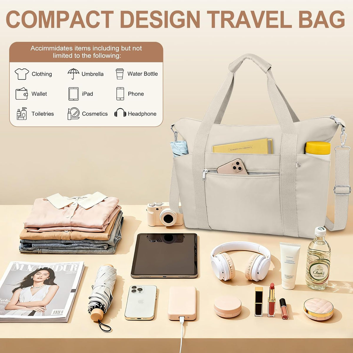 Small Travel Gym Duffel Bag for Women, Weekender Overnight Bag | Waterproof, Nylon, Personal Item Carry on Bags, for Airplanes, Hospital, Sports, Fitness, Dance, Mommy Tote