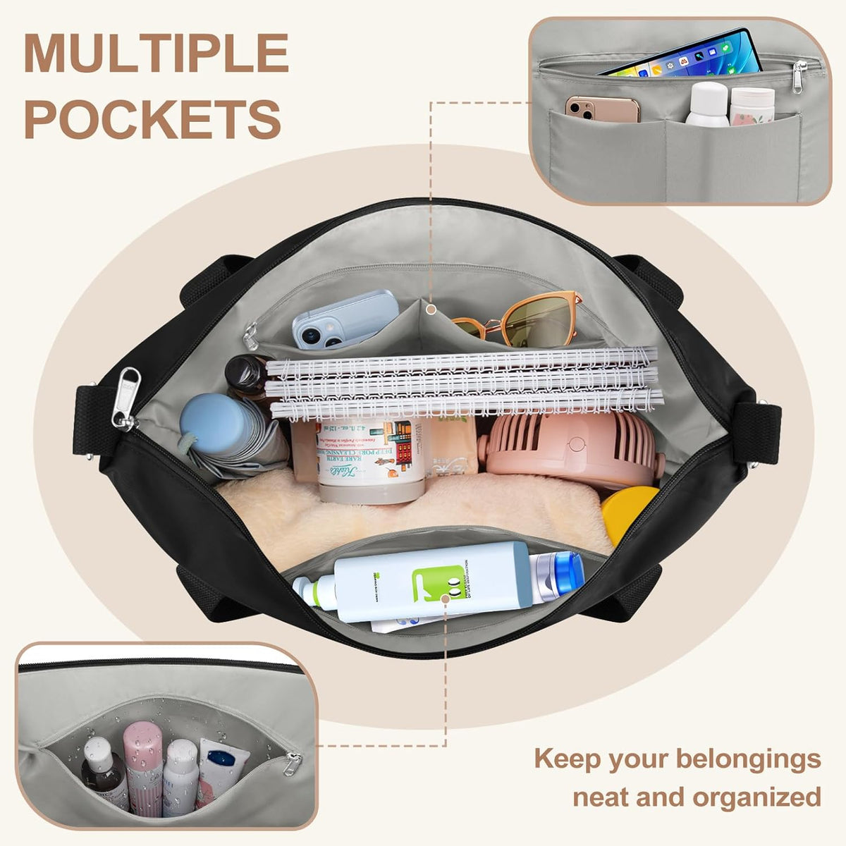 Small Travel Gym Duffel Bag for Women, Weekender Overnight Bag | Waterproof, Nylon, Personal Item Carry on Bags, for Airplanes, Hospital, Sports, Fitness, Dance, Mommy Tote