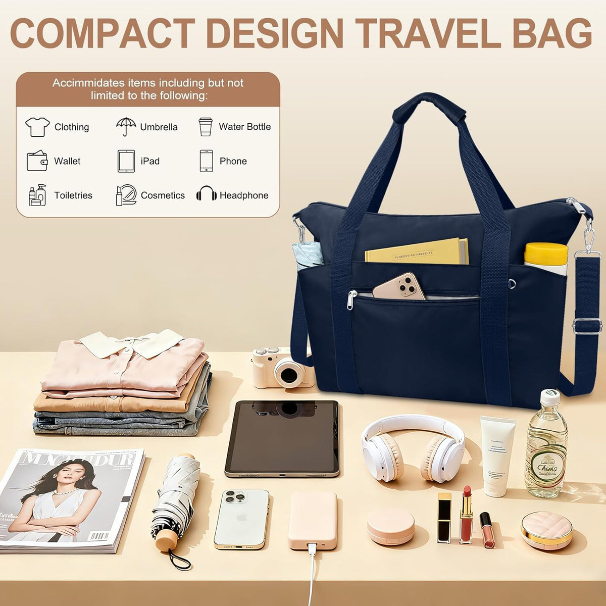 Small Travel Gym Duffel Bag for Women, Weekender Overnight Bag | Waterproof, Nylon, Personal Item Carry on Bags, for Airplanes, Hospital, Sports, Fitness, Dance, Mommy Tote
