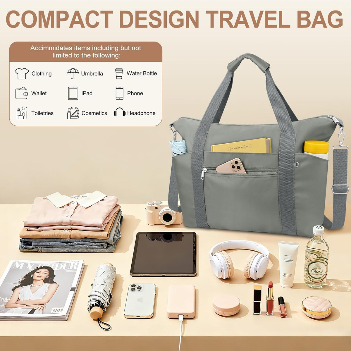 Small Travel Gym Duffel Bag for Women, Weekender Overnight Bag | Waterproof, Nylon, Personal Item Carry on Bags, for Airplanes, Hospital, Sports, Fitness, Dance, Mommy Tote