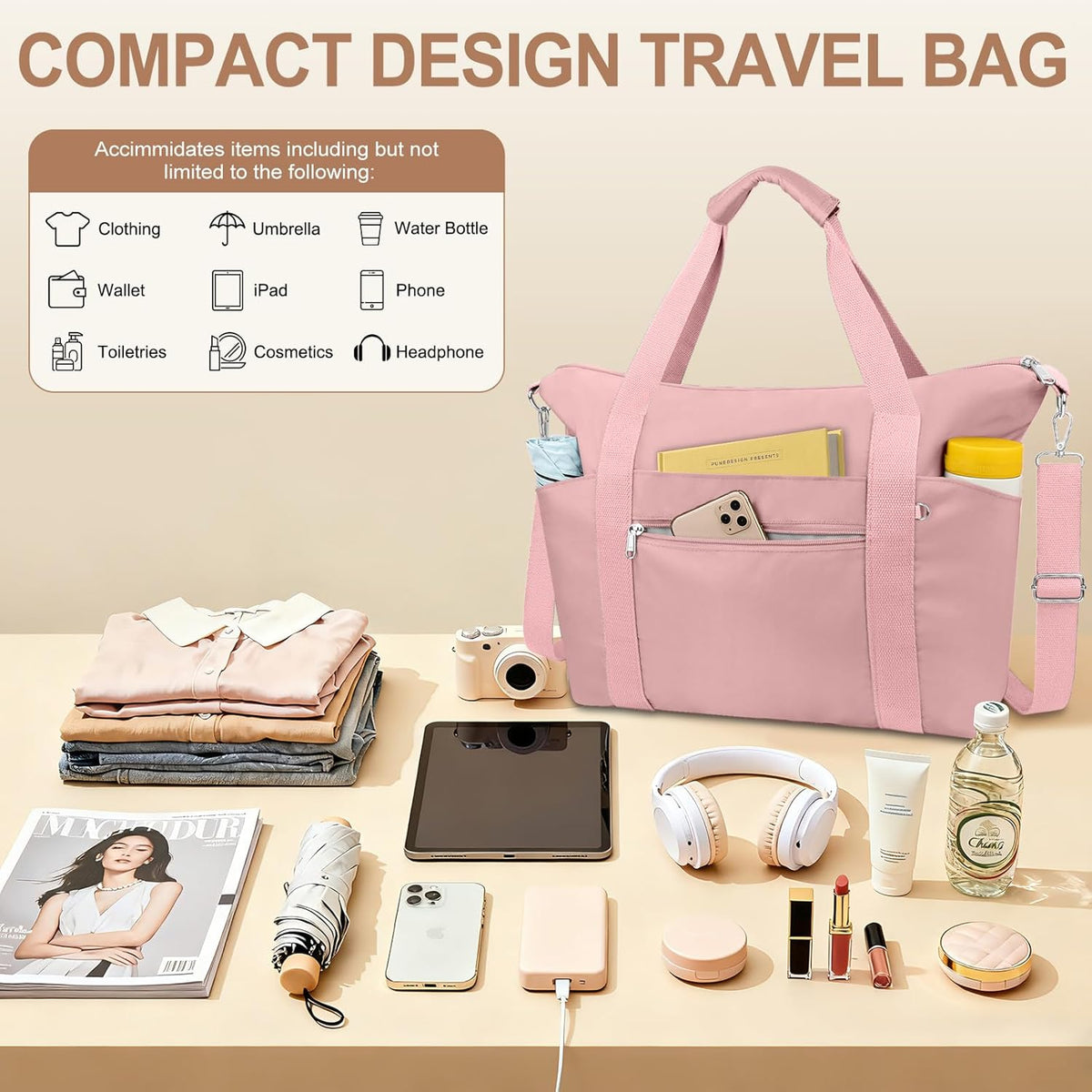 Small Travel Gym Duffel Bag for Women, Weekender Overnight Bag | Waterproof, Nylon, Personal Item Carry on Bags, for Airplanes, Hospital, Sports, Fitness, Dance, Mommy Tote