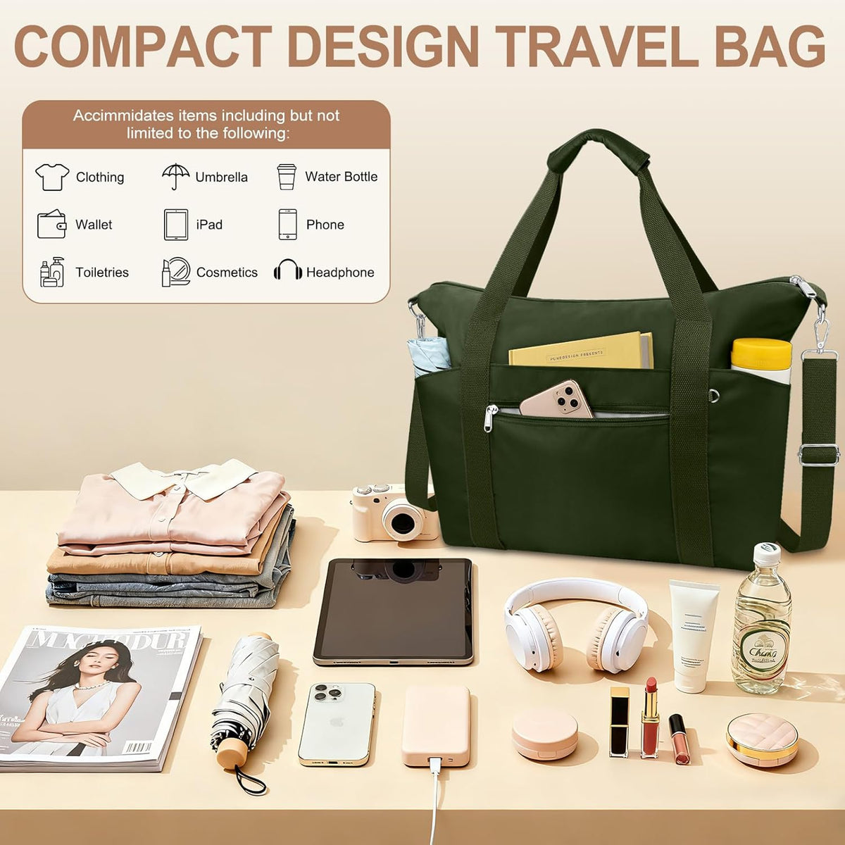 Small Travel Gym Duffel Bag for Women, Weekender Overnight Bag | Waterproof, Nylon, Personal Item Carry on Bags, for Airplanes, Hospital, Sports, Fitness, Dance, Mommy Tote