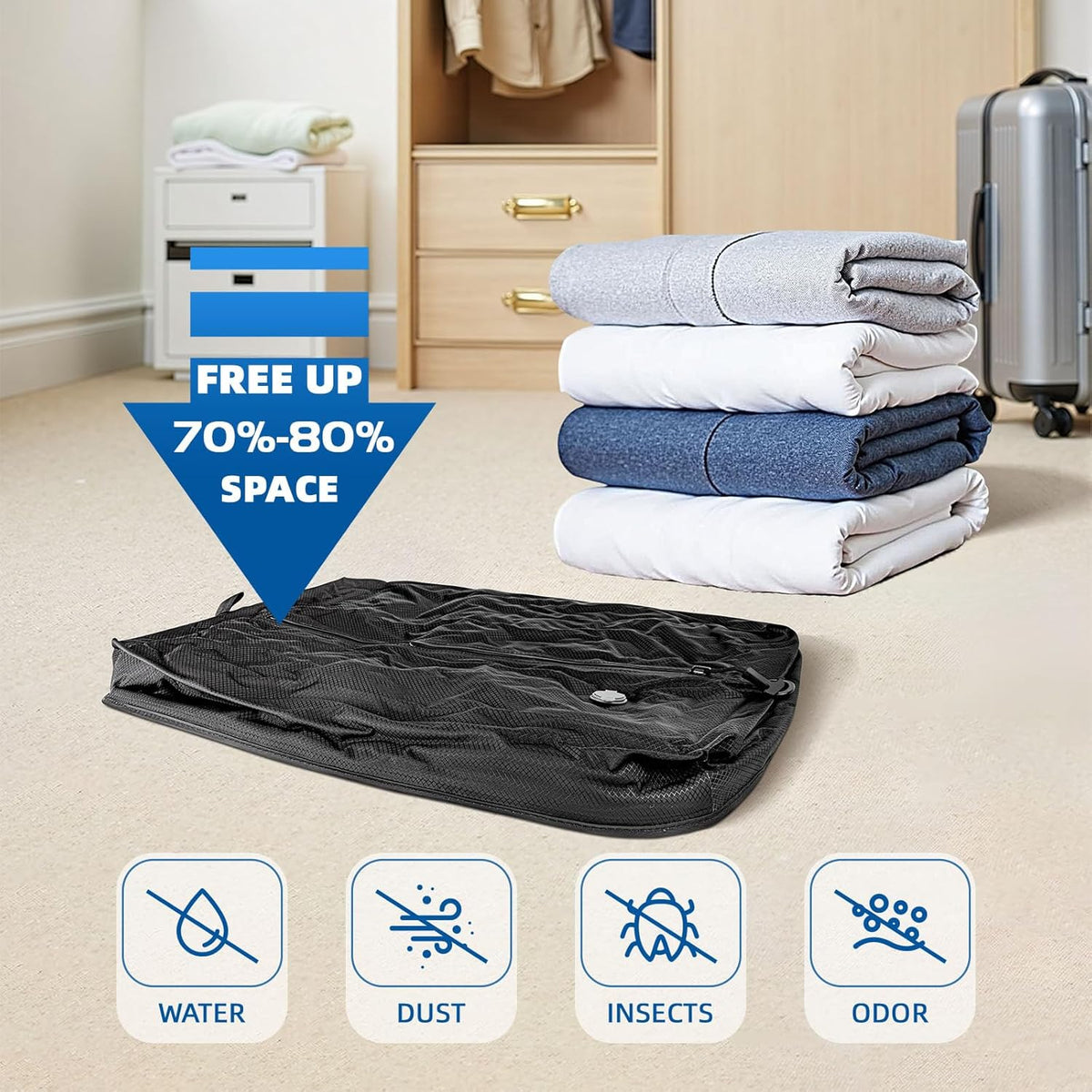 Travel Vacuum Bags for Luggage with Wireless Pump, Reusable Space Saver 33L Compression Clothing Packing Storage Organizer Cube for Carry On Suitcases and Backpack, IP67 Waterproof (1PC+1 Pump)