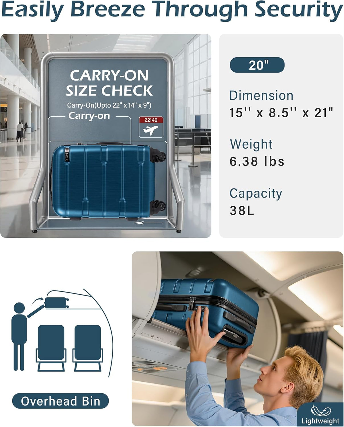 Carry On Luggage 22x14x9 Airline Approved Hardside PC+ABS Suitcase with TSA Lock, Lightweight Rolling Travel Luggage with Spinner Wheels(Caribbean Blue, 20in)